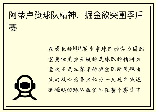阿蒂卢赞球队精神，掘金欲突围季后赛