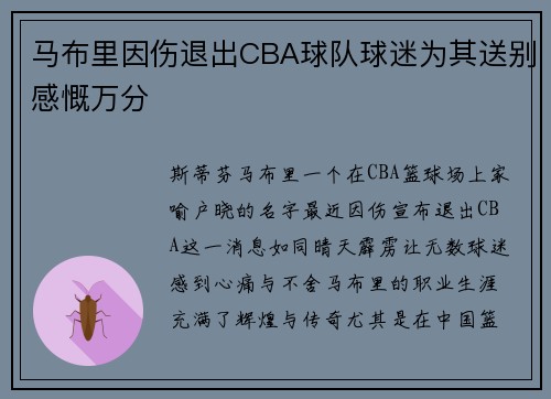 马布里因伤退出CBA球队球迷为其送别感慨万分