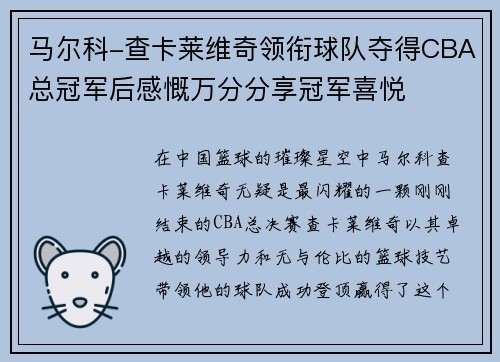 马尔科-查卡莱维奇领衔球队夺得CBA总冠军后感慨万分分享冠军喜悦